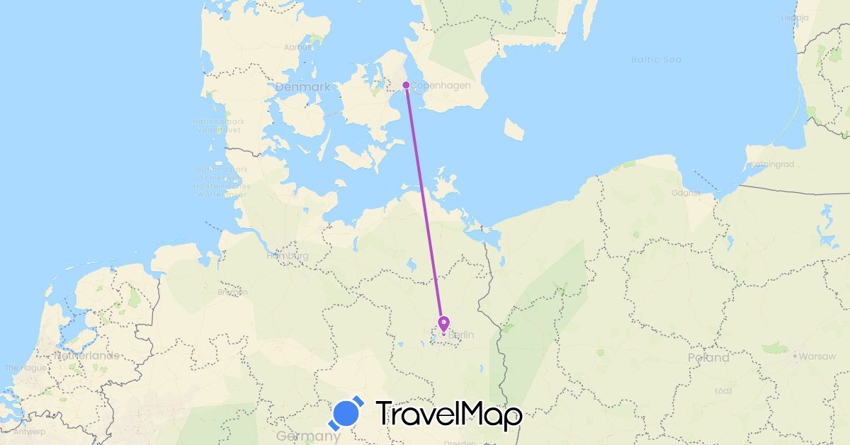 TravelMap itinerary: driving, train in Germany, Denmark (Europe)